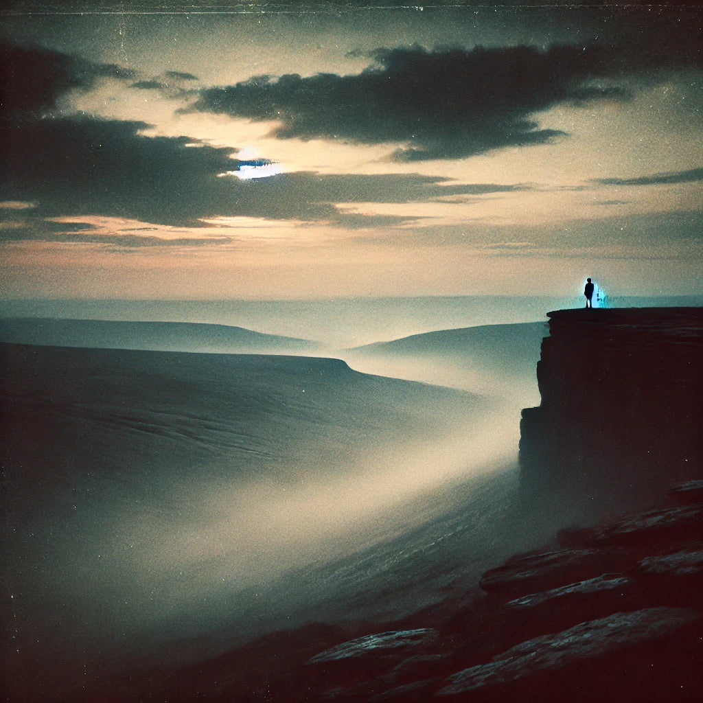 A moody and atmospheric landscape inspired by post-rock music. A lone figure stands on a cliff, gazing over a vast horizon under a cloudy twilight sky. Mist rises from the valleys below, and distant mountains fade into the background, creating a sense of solitude and introspection. The scene has a cinematic, grainy texture, evoking the immersive and layered emotions of post-rock music.