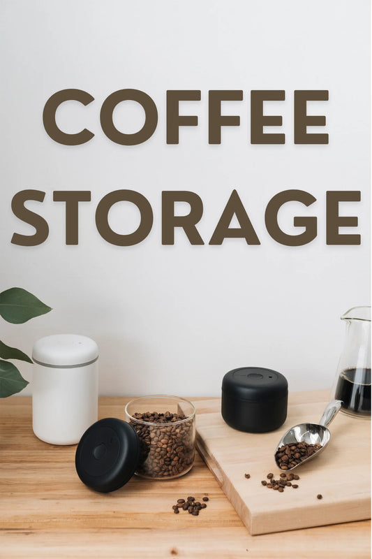 Different colored coffee storage containers on a counter top 