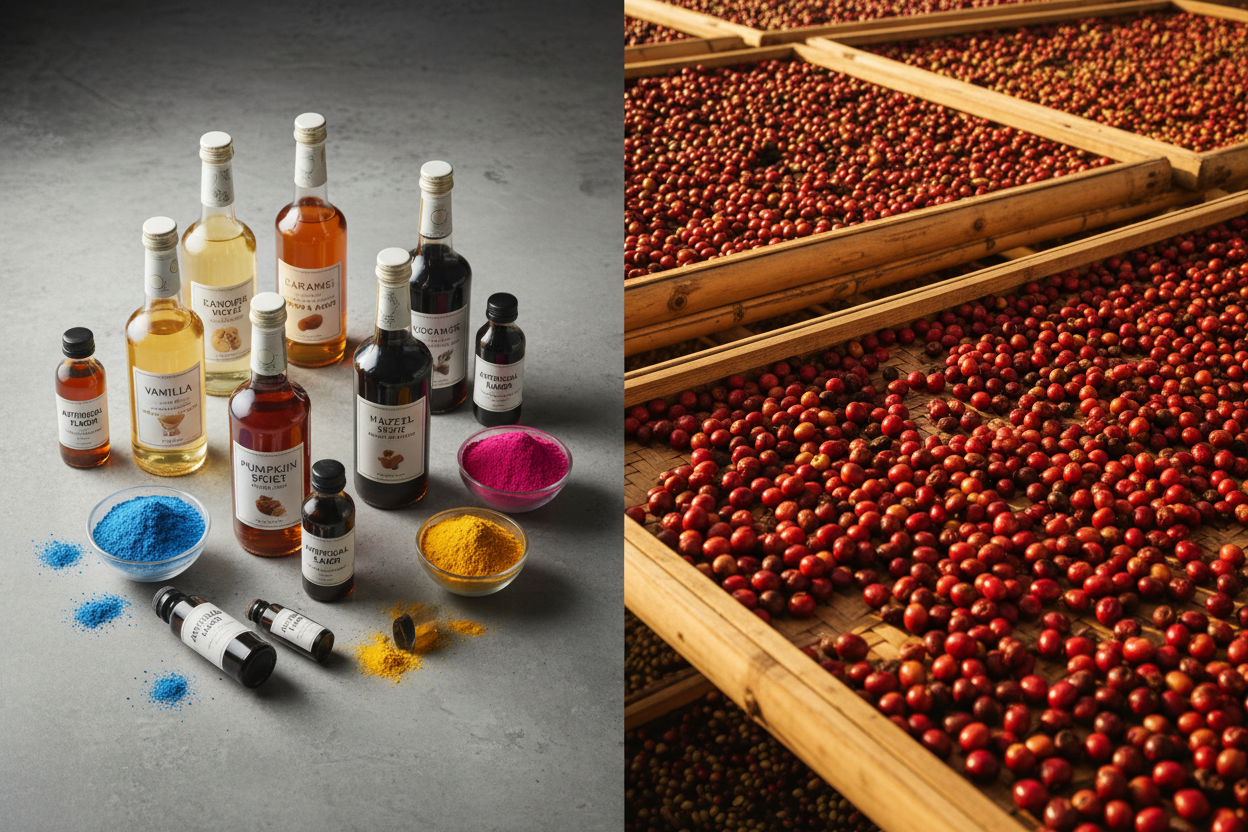 Split image contrasting artificial coffee flavor syrups on the left with naturally processed coffee cherries drying in golden sunlight on the right