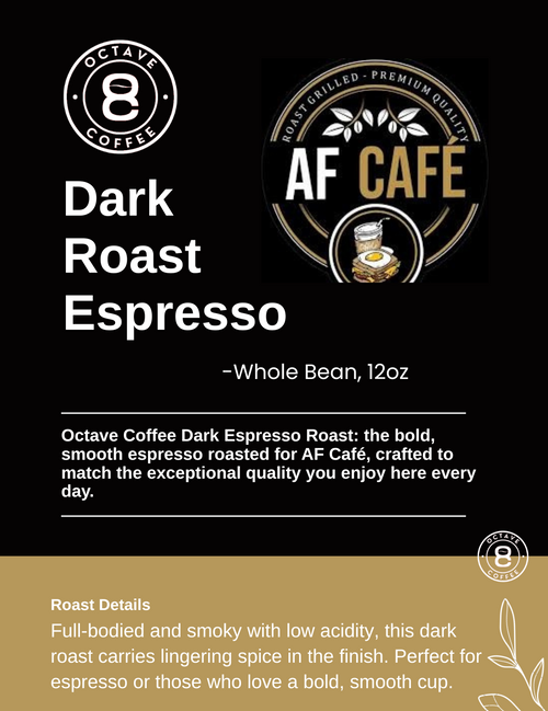 Coffee package for Dark Roast Espresso with branding and roast details on a black and brown background.