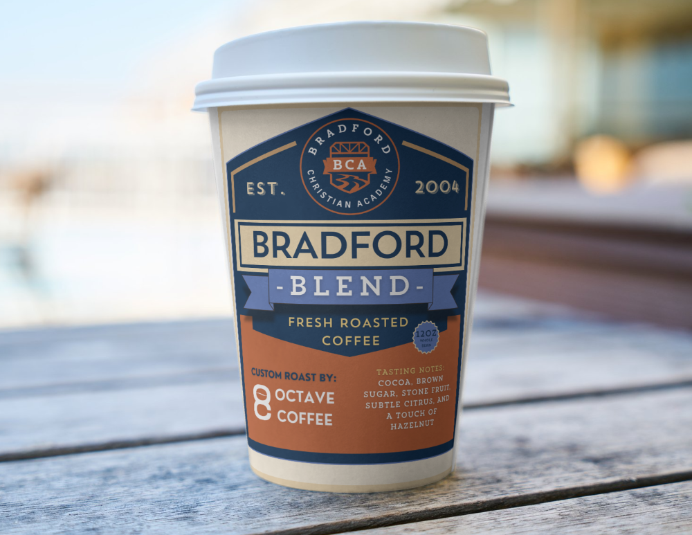 Disposable Coffee Cup with Bradford Blend Logo on it