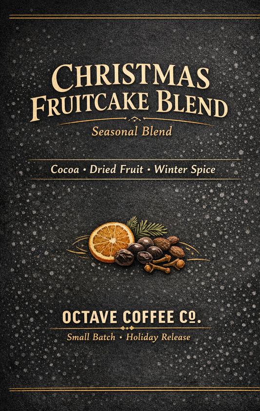 Dark holiday coffee label reading ‘Christmas Fruitcake Blend’ by Octave Coffee Co., featuring cocoa, dried fruit, and winter spice notes.