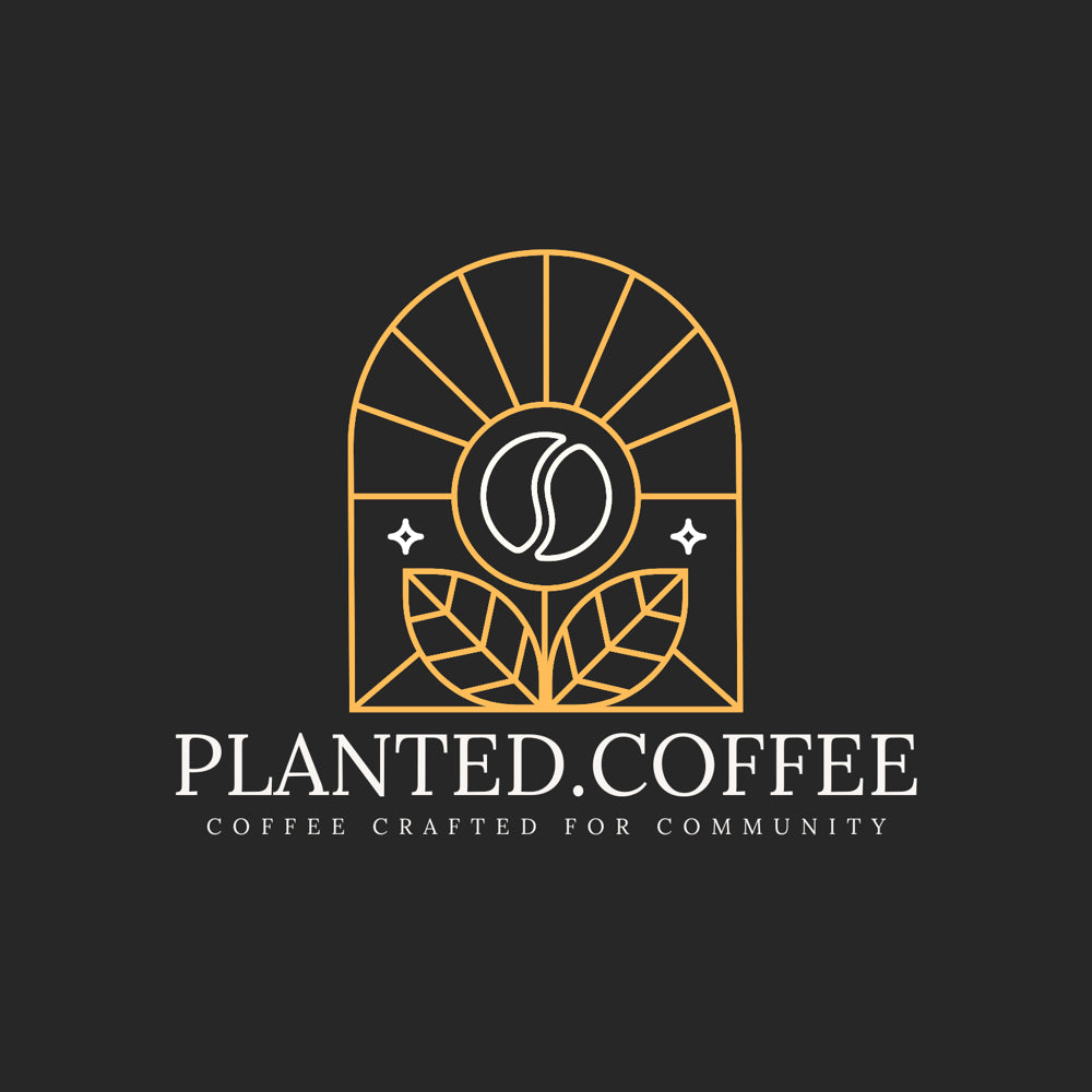 Logo of Planted Coffee with a coffee bean and leaves on a black background