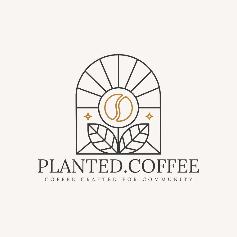 Logo for Planted Coffee with a stylized coffee bean and leaves design.