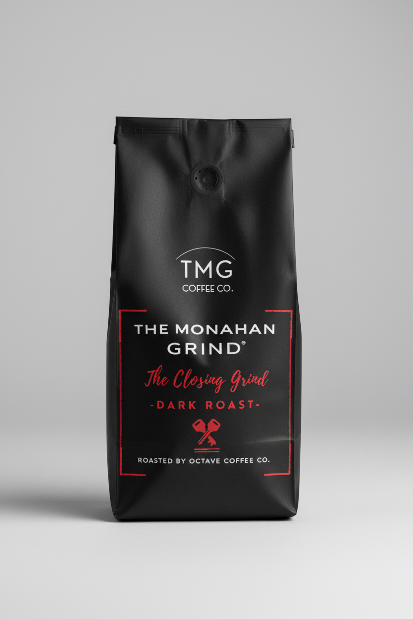 Coffee label for TMG Coffee Co. with 'The Monahan Grind' and 'Dark Roast' text on a black background.