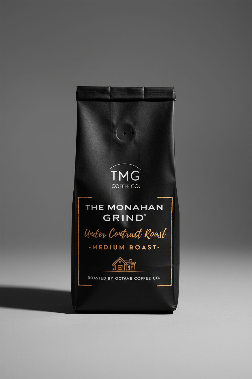 Coffee label for The Monahan Grind with TMG Coffee Co. branding on a black background.