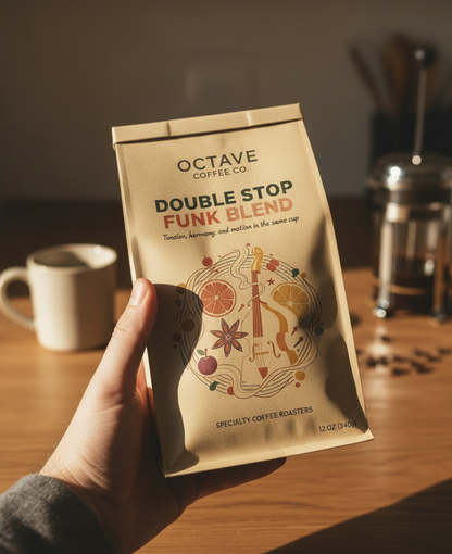 Person holding a package of Octave Coffee Co. Double Stop Funk Blend on a wooden table.