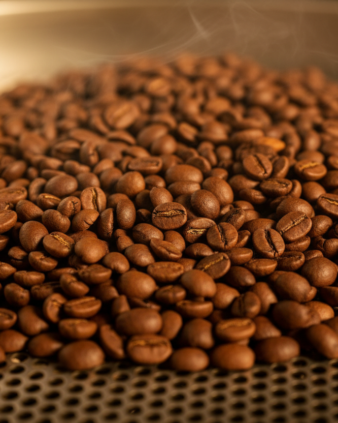 Roasted coffee beans on a metal surface