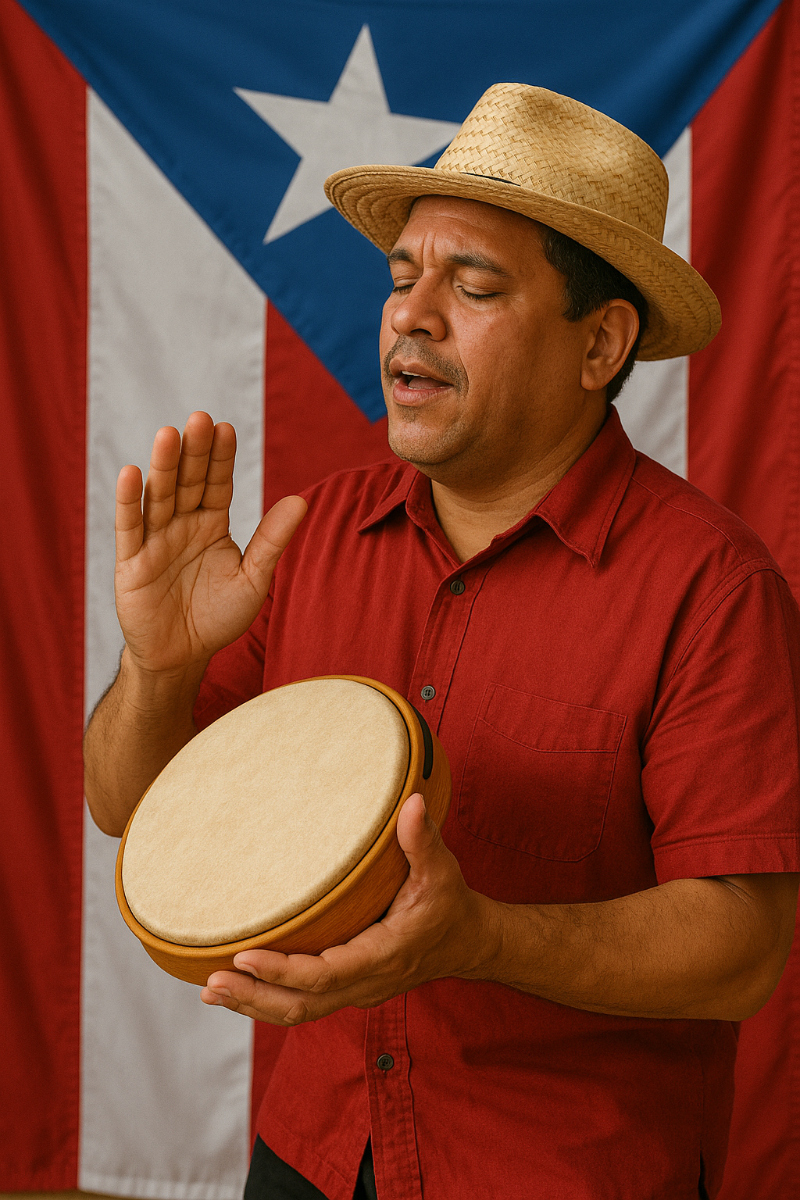 A Puerto Rican man wearing a straw hat and a red button-down shirt plays a pandereta in front of a large Puerto Rican flag. His eyes are closed, and one hand is raised mid-motion, showing his expressive connection to the music. The wooden frame and light drumhead of the pandereta are clearly visible, with warm lighting highlighting the textures of the drum and fabric.